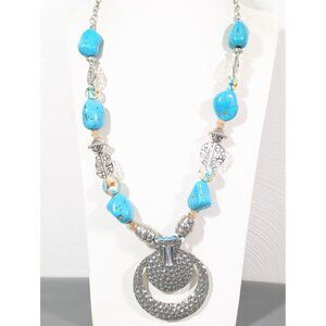 Southwestern Boho Faux‎ Turquoise Glass Hammered Statement Necklace 22"